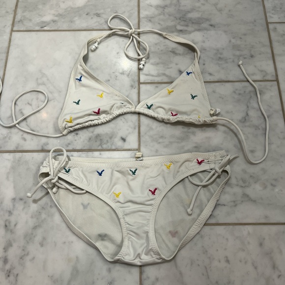 American Eagle White Bikini with Embroidery. Has few stains, shown in pictures. - Picture 1 of 5